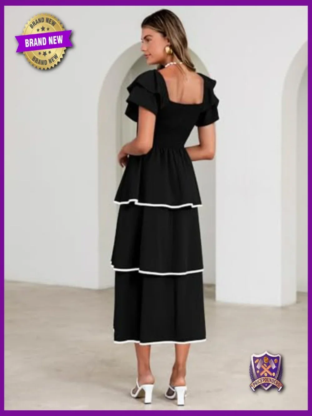 Smocked Tiered Midi Dress Square Neck Ruffle Short Sleeve Boho Flowy Guest - Picture 6 of 7